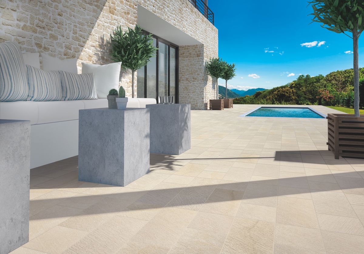 Terrassenfliesen Steinoptik und Betonoptik