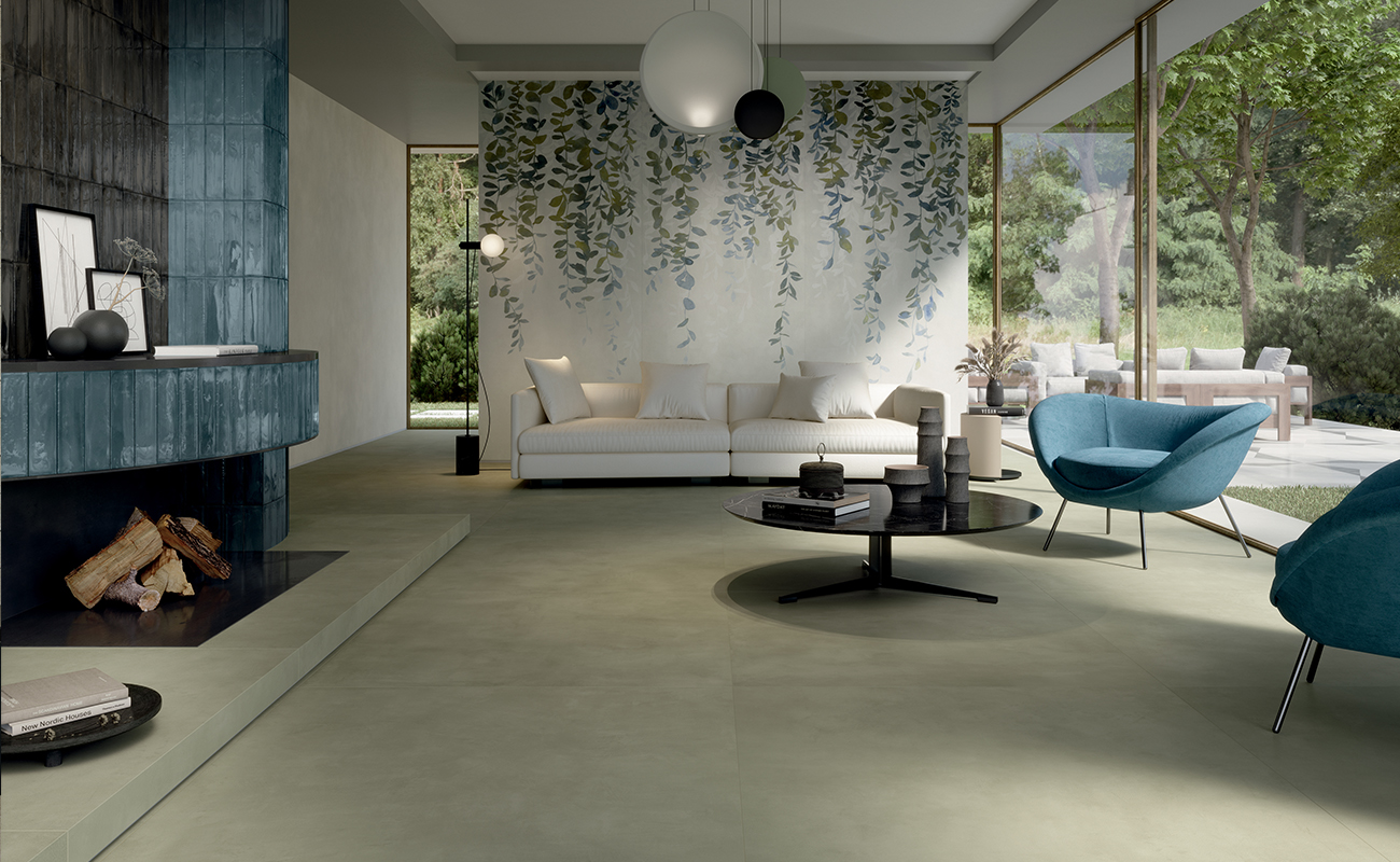 Minimalistiches Interieur mit Betonoptik-Fliesen